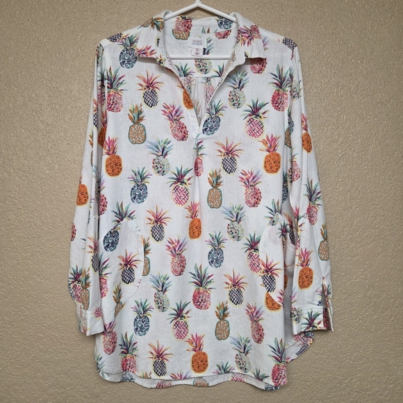 Sigrid Olsen Linen Blend Pineapple Print  Tunic Size L Novelty Coastal Grandma - Picture 1 of 11